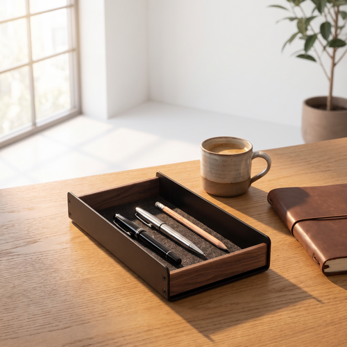 Aldermere walnut pen tray holding pens on an oak desk