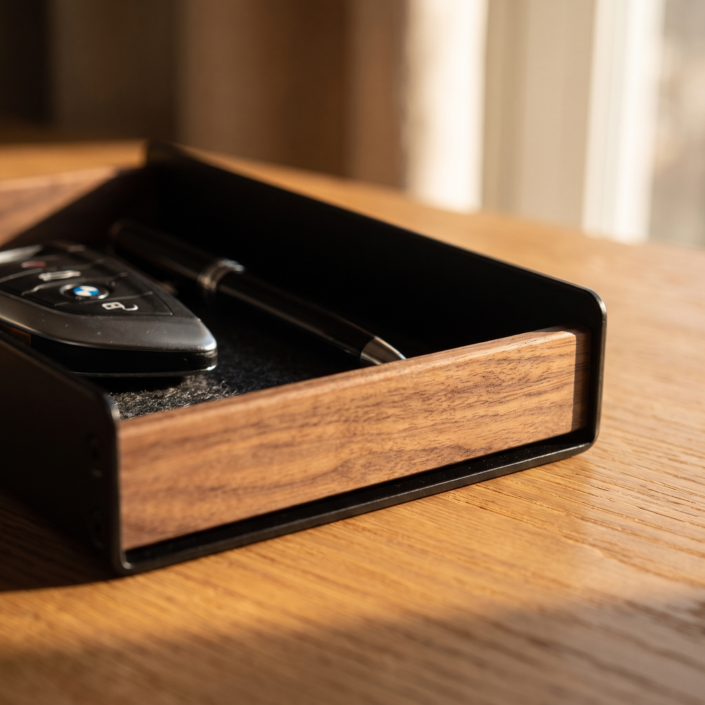 Detail of walnut grain and felt lining on the Aldermere pen tray