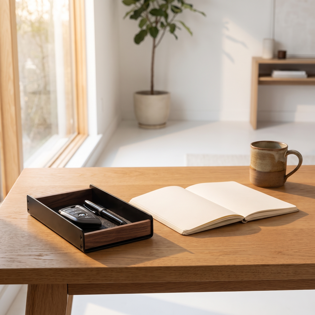 Aldermere pen tray beside a notebook and mug