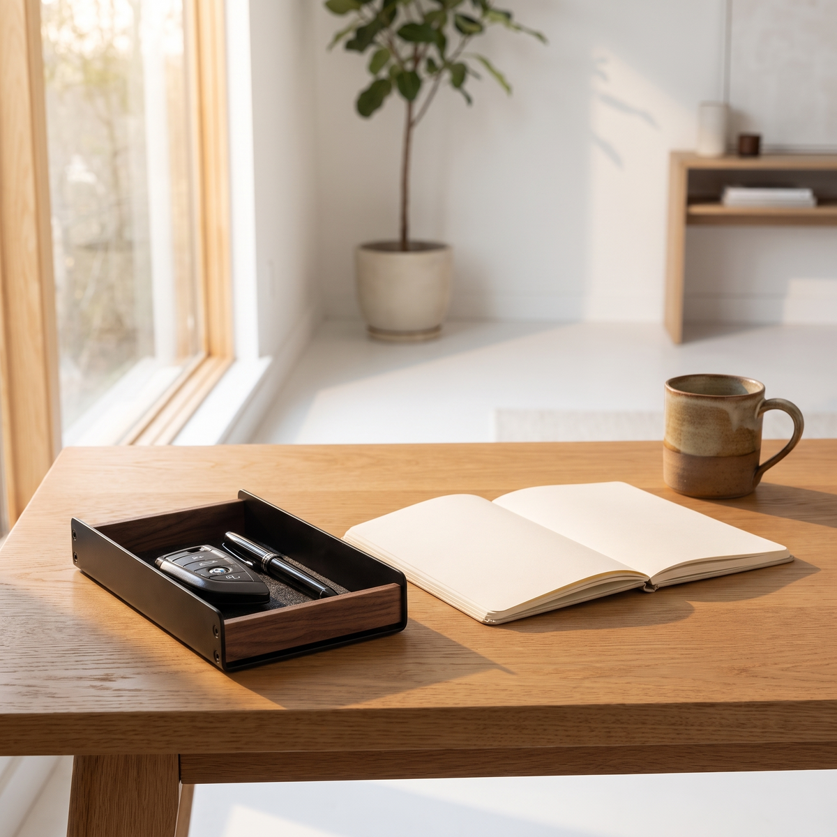Aldermere pen tray beside a notebook and mug