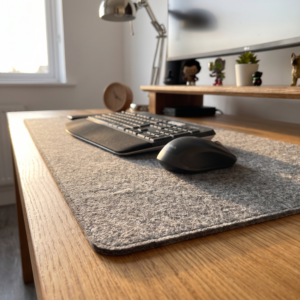 Low angle across the Thoren felt desk mat with a mouse