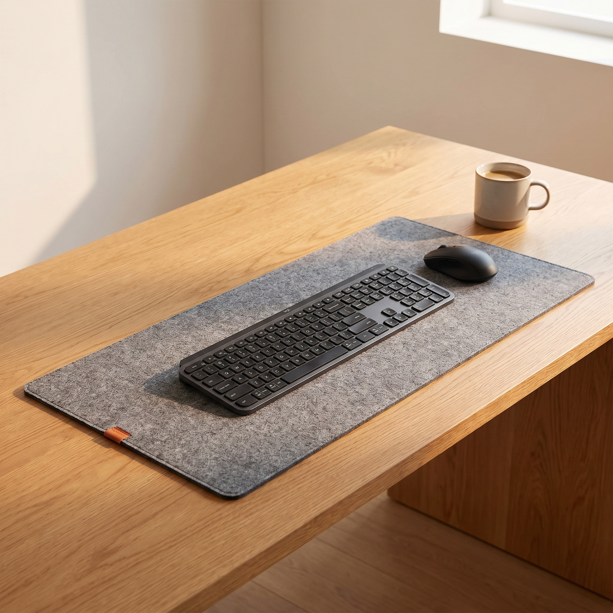 Thoren desk mat with a keyboard and mouse on an oak desk