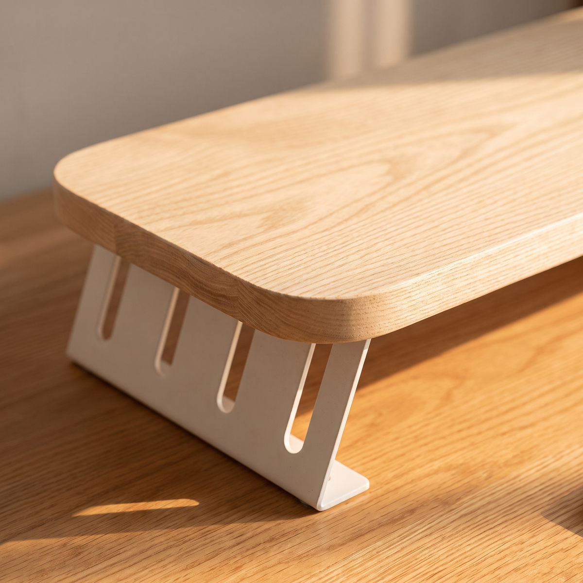 Close up of the light wood top and white slotted leg
