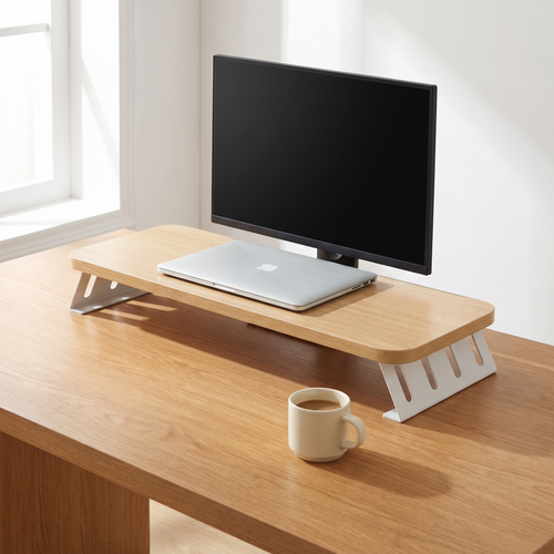 Light wood monitor riser holding a laptop on an oak desk