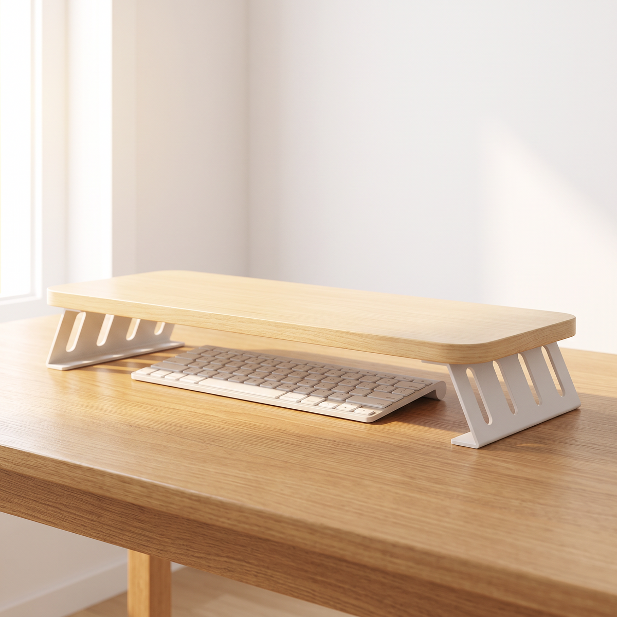 Keyboard tucked under the light wood monitor riser