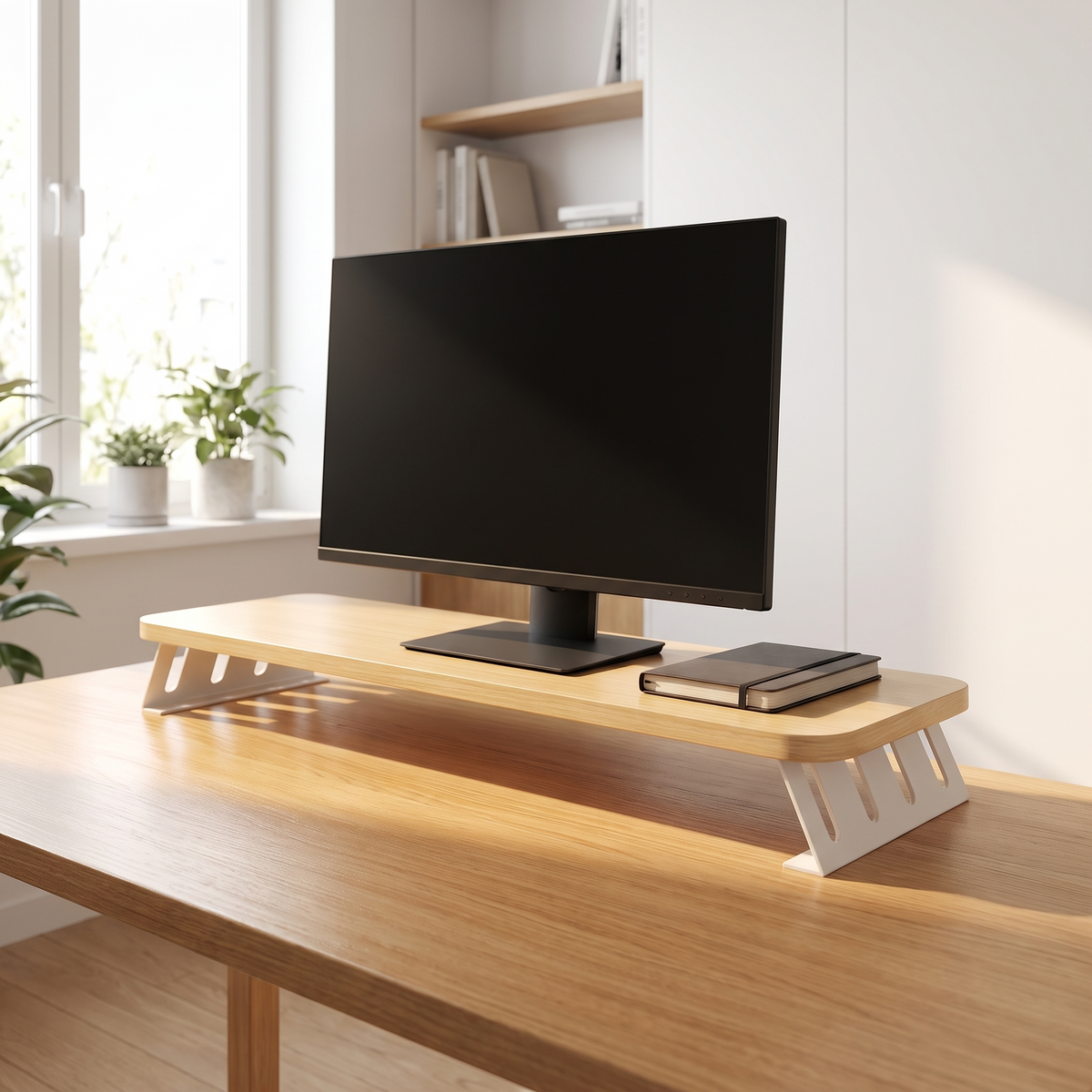 Light wood monitor riser in a small bright home office