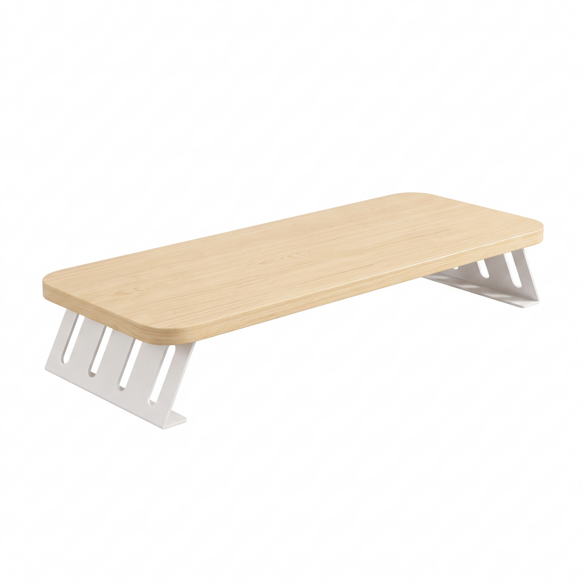 Light wood monitor riser with white slotted legs on a white background