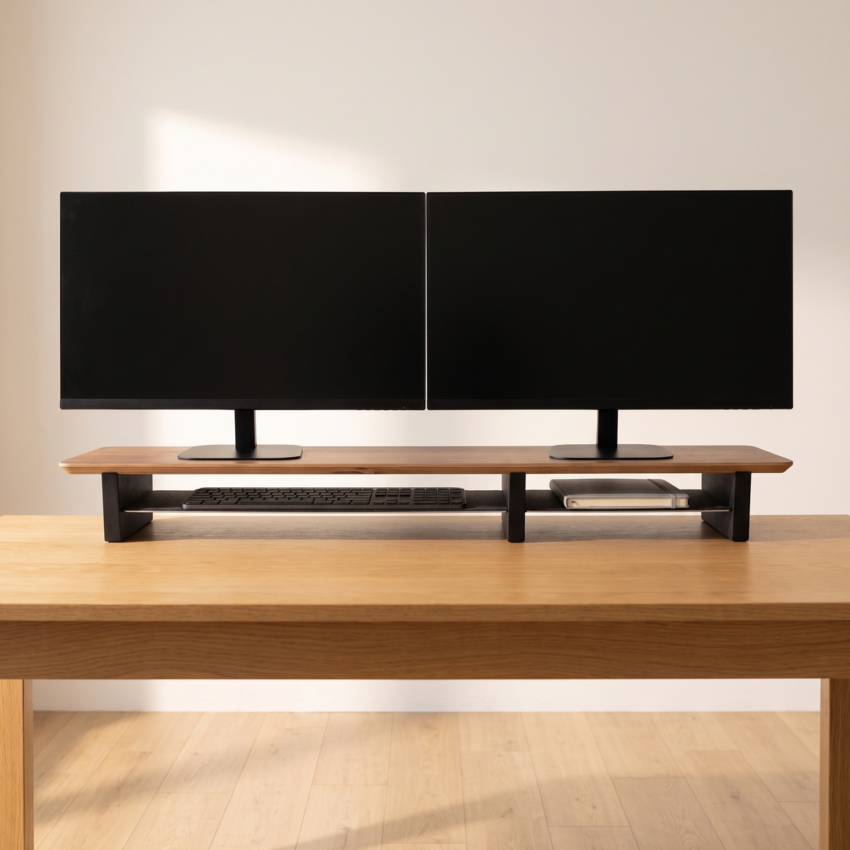Front view of the Aldermere desk shelf with a keyboard on the lower tier