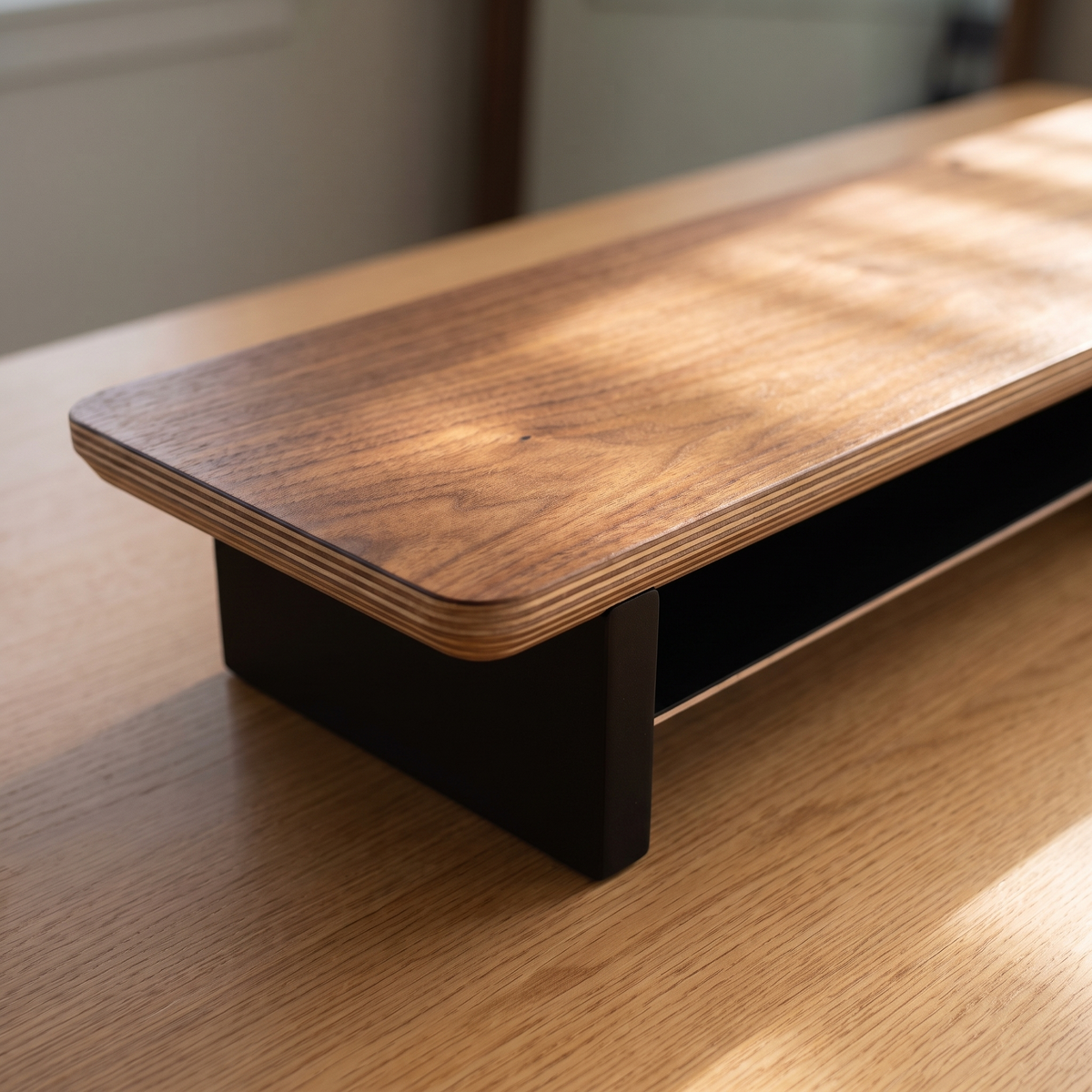 Close up of the walnut top and black leg on the Aldermere desk shelf