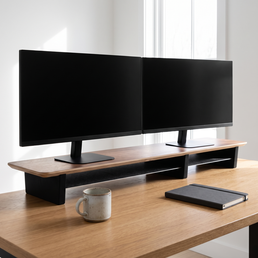 Aldermere desk shelf carrying two monitors on an oak desk
