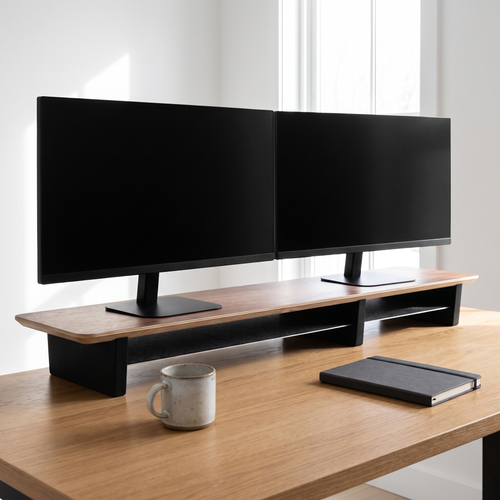 Aldermere desk shelf carrying two monitors on an oak desk