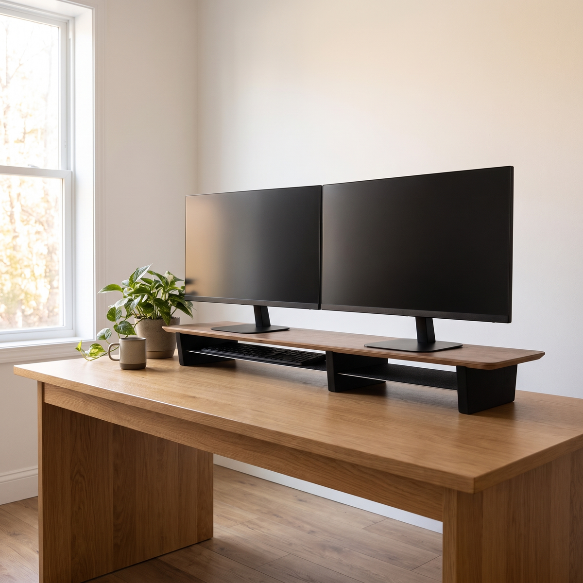Aldermere desk shelf with two monitors in a bright home office