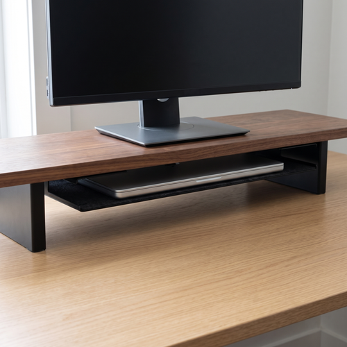 Aldermere storage tray mounted flush under a walnut monitor shelf