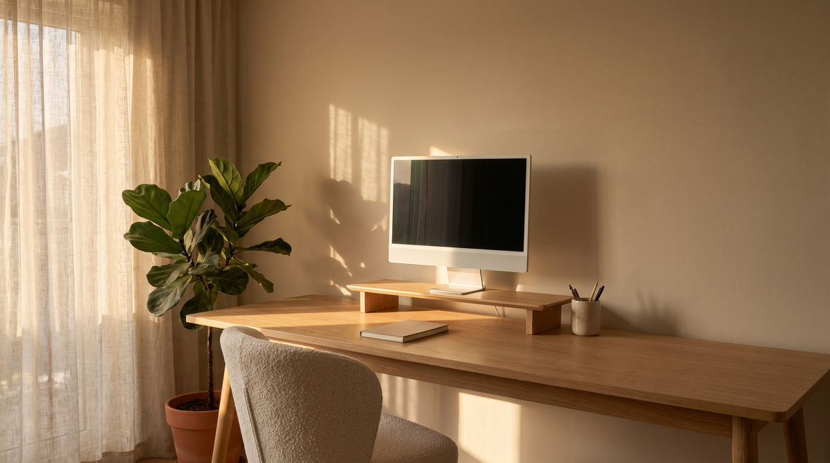 Quiet minimalist home office corner in warm afternoon light