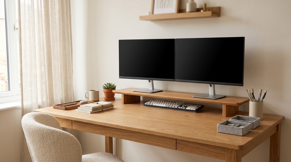 Minimal home office desk with an oak monitor riser and two powered off monitors