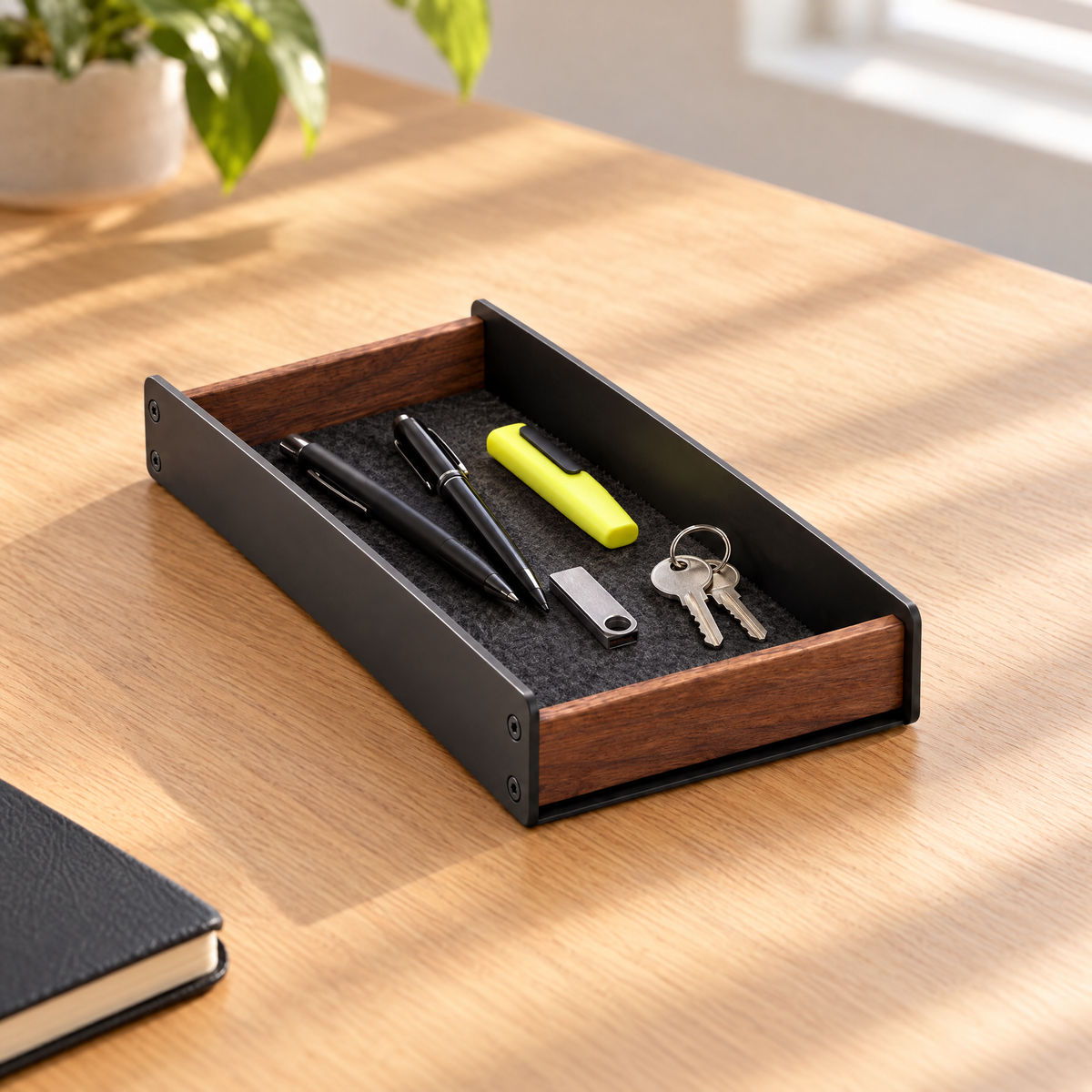 Aldermere pen tray holding pens, a highlighter, a USB stick and keys in one open felt lined space